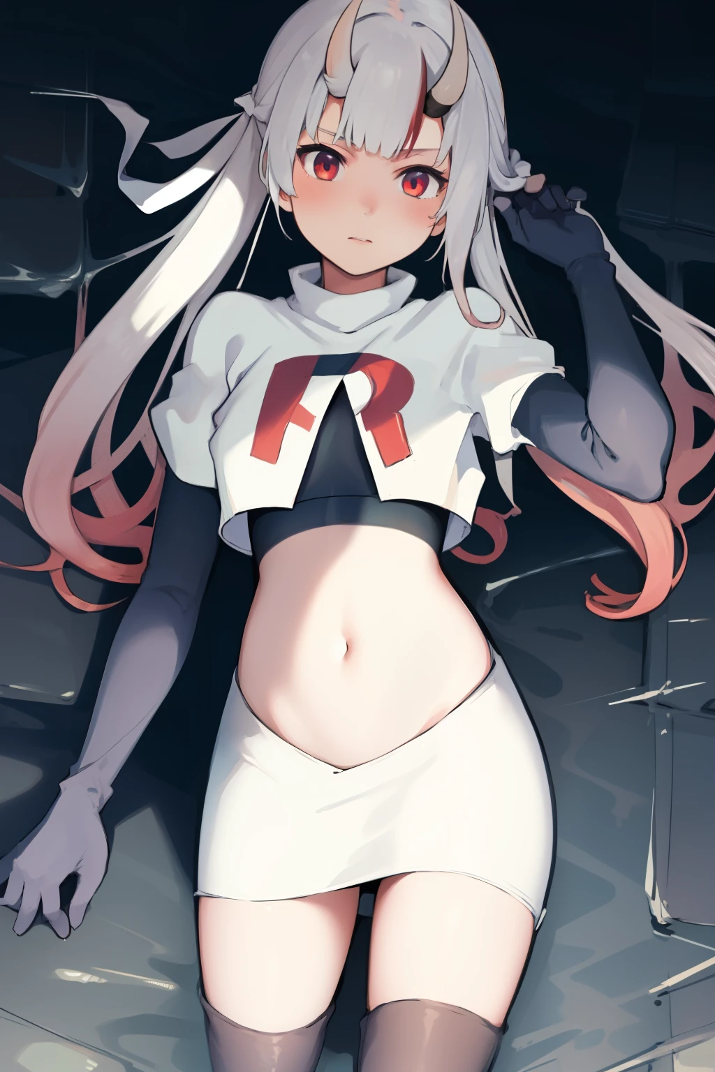 masterpiece, best quality, absurdres, perfect anatomy, 1girl, solo, Nakiri Ayame, long hair, twintails, AyameCasual, hair ribbon, x hair ornament, team rocket,team rocket uniform,white skirt,crop top,black thigh-highs,black elbow gloves,