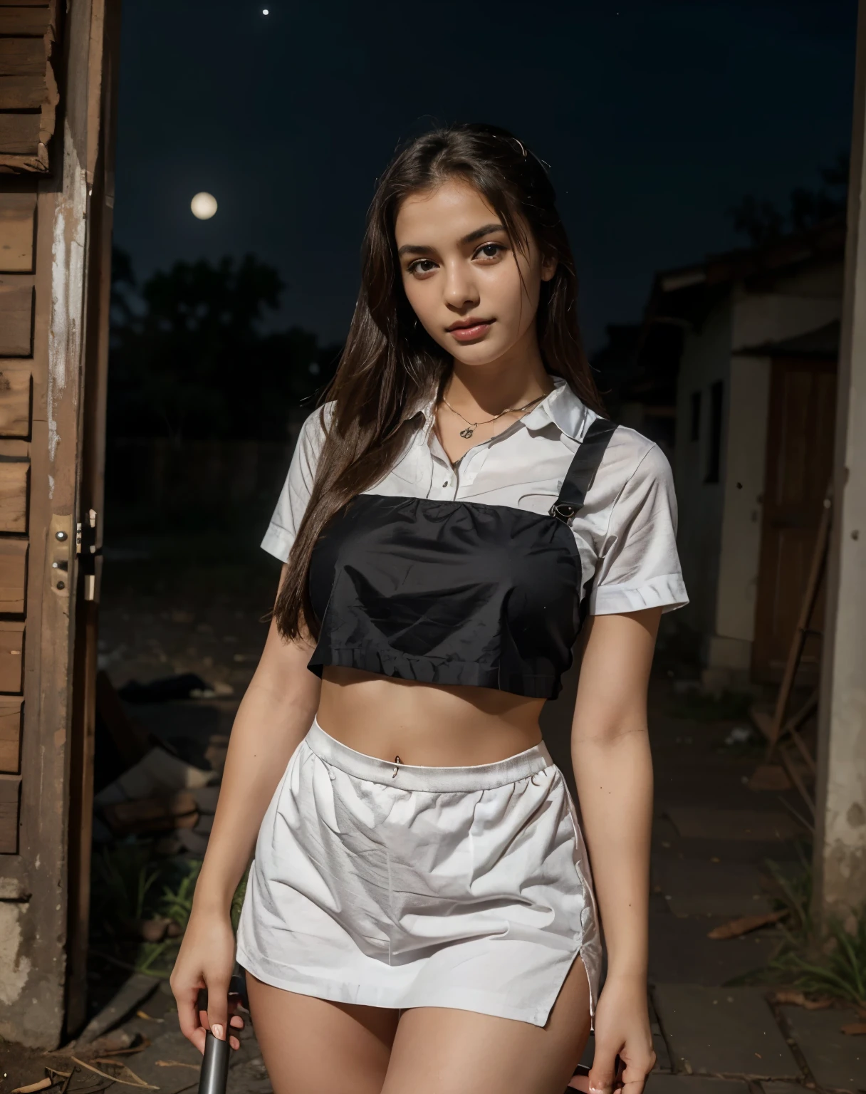 Beautiful girl named malkovai, 18yr old, wearing a maid uniform, at night outside a creepy misty abandoned house ((short maid uniform)), ((black and white maid uniform)), looking at camera, multiple poses, attractive poses, hot pose, model, wearing glasses and necklace, perfect thighs, best quality, crystal clear quality, ultra high definition, night, 4K. 3929