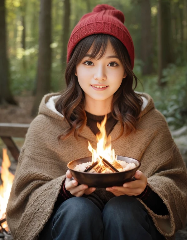 ((キャンプでのbonfire))、highest quality、masterpiece、Super high resolution、(Photoreal:1.4)、RAW photo、1 girl、(全身のPortrait)、Outdoor Fashion、Fashionable coat、glowing skin、Knitted hats、(beautiful forest background)、((Super realistic details))、Portrait、global illumination、Shadow、octane rendering、8K、super sharp、intricate decorative details、Japan details、very intricate details、realistic light、CG Society Trends、shining eyes、towards the camera、smile、(bonfire)、(Knitted Socks)