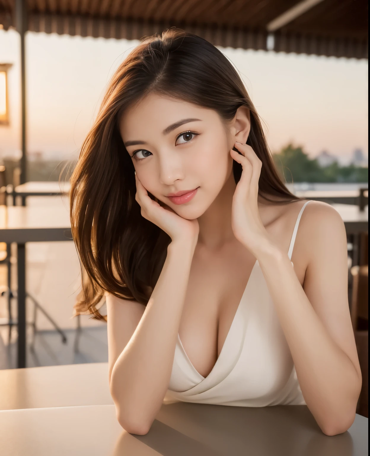 ((Top quality, 8K, masterpiece: 1.3)), Beautiful girl, pure, melon face, gentle and cute, sweet kissing gesture, sweet smile, pure desire, slender body, (front), (tilted head), ((Looking at the camera))), wearing a colorful sexy dress, medium hair, normal chest, long flowing shoulders, big round black eyes, big clear eyes, moist red. Lips, sweet, sitting on a chair, evening cafe terrace background, (((shot from the waist up))),