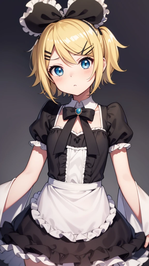 kagaminerin, rin kagamine, short hair, blue eyes, blonde hair,
BREAK dress, bow, short sleeves, frills, detached sleeves, frilled sleeves, black sleeves, hair ornament, ribbon, twintails, hair bow, hair ribbon, hairclip, swept bangs, (meltdown costume:1.5),