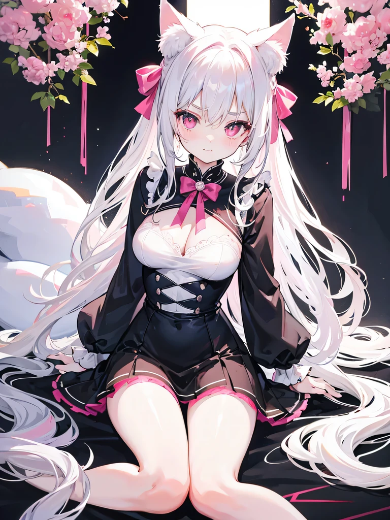 big breasts,Wearing a pink miniskirt,Black tight-fitting dress,long legs,blush, surprise,look at me,red pupils,Lace tights,beautiful hair、 beautiful eyes、 beautiful skin、beautiful legs、beautiful arms、perfect fingers、 very cute,white hair, long hair,white cat ears, white cat tail,best quality,high resolution,top quality、 looking at the audience,sitting,kneeling&Place on the bed,Knees together,internal figure eight,Beautiful girl alone,Pink bow,slender eyebrows,hair slightly moist,On a very large white bed, white pillows,perfect waist,Skirt has cutouts at the end,Pouting,The clothes are a little wet,,very young,18 years old,shy smile,Long messy white hair tied up,tempting pose