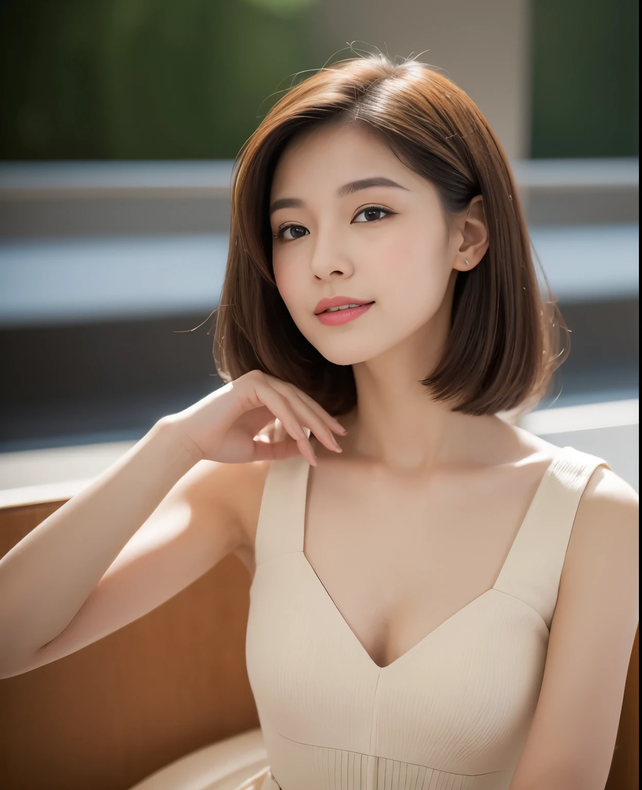 ((Top quality, 8K, masterpiece: 1.3)), Beautiful girl, pure, melon face, gentle and cute, sweet kissing gesture, sweet smile, pure desire, slender body, (front), (tilted head), ((Looking at the camera))), wearing a colorful sexy dress, medium hair, normal chest, long flowing shoulders, big round black eyes, big clear eyes, moist red. Lips, sweet, sitting on a chair, evening cafe terrace background, (((shot from the waist up))),
