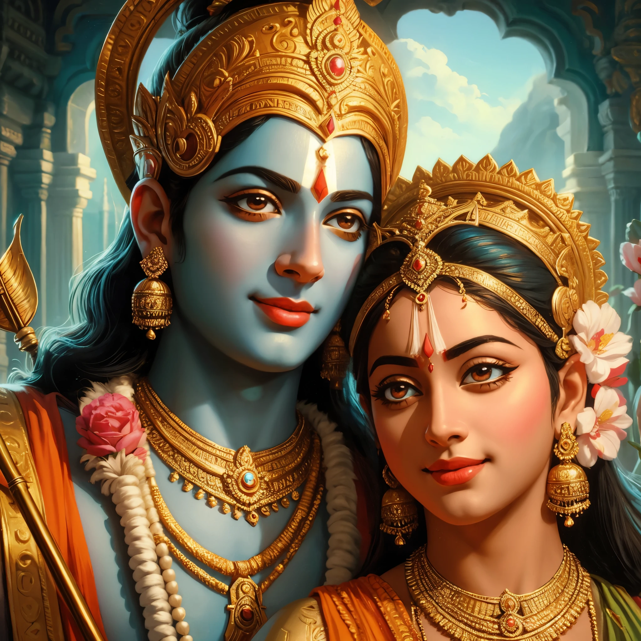 Lord Ram And Sita smiling 4k, realistic, painting, masterpiece, ultradetail