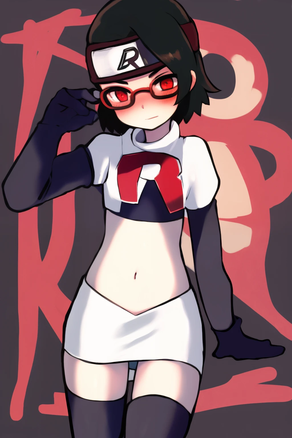 masterpiece, highest quality, best quality, 1girl, solo, looking at viewer, evil, 
uchiha sarada, black hair, blush, red framed glasses, short hair, forehead protector,  headband, red eyes, team rocket,team rocket uniform,white skirt,crop top,black thigh-highs,black elbow gloves,