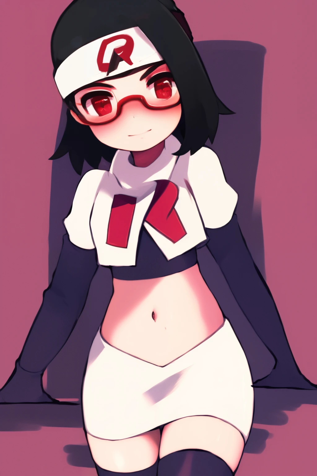 masterpiece, highest quality, best quality, 1girl, solo, looking at viewer, evil, 
uchiha sarada, black hair, blush, red framed glasses, short hair, forehead protector,  headband, red eyes, team rocket,team rocket uniform,white skirt,crop top,black thigh-highs,black elbow gloves,