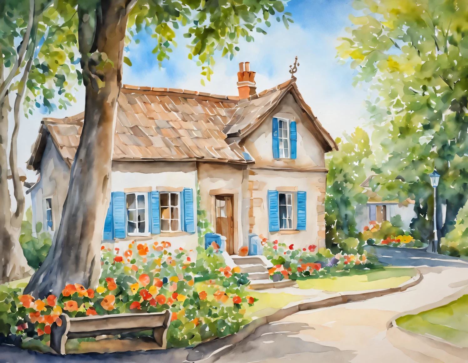 Watercolor Art, watercolor painting in Soft Color Tones depicting a view of a beautiful village house with carved trim and a bench under the window, The house is located in a beautiful courtyard, a birch tree and a front garden with flowers grow nearby, blue sky, Soft Color Tones