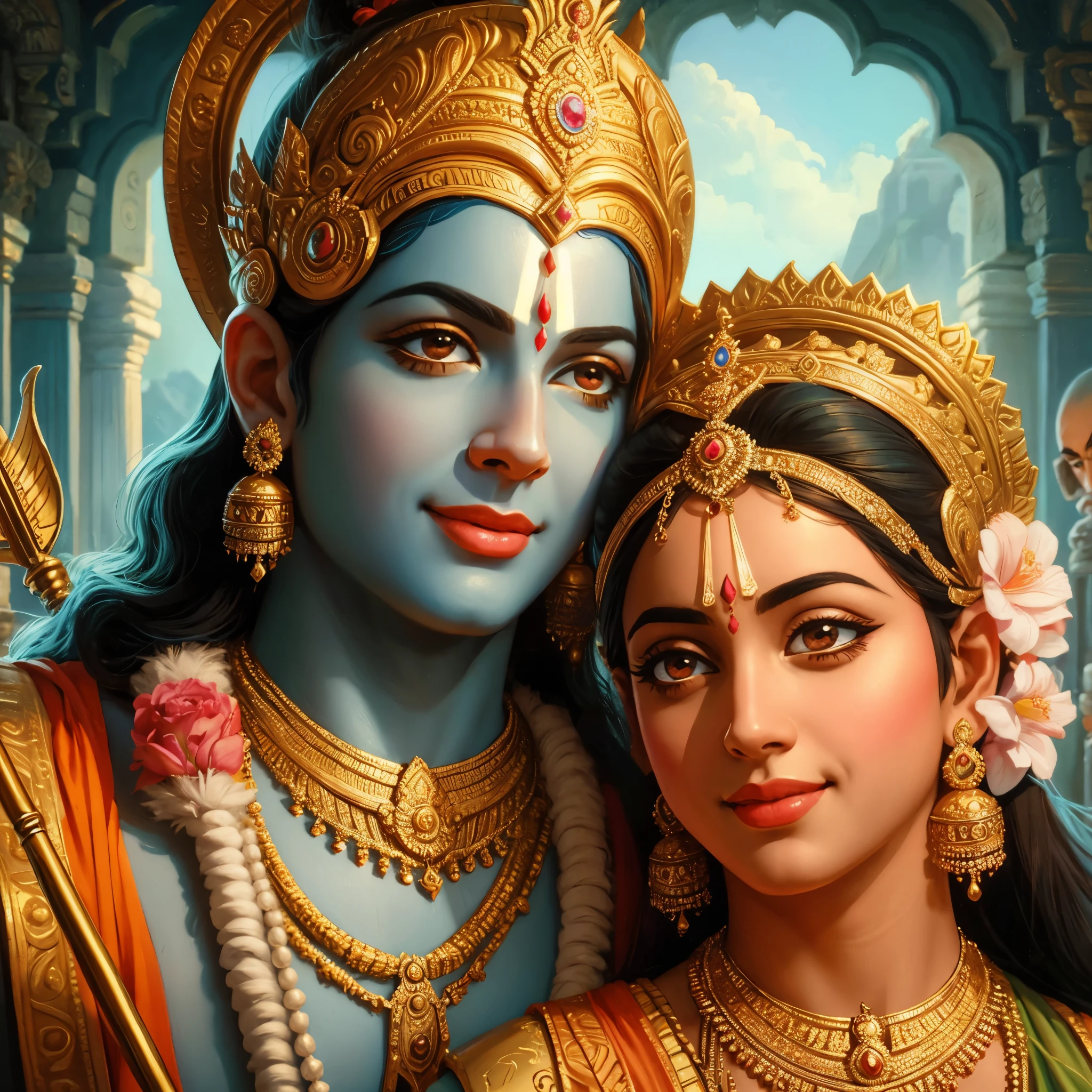 Lord Ram And Sita smiling 8k, realistic, painting, masterpiece