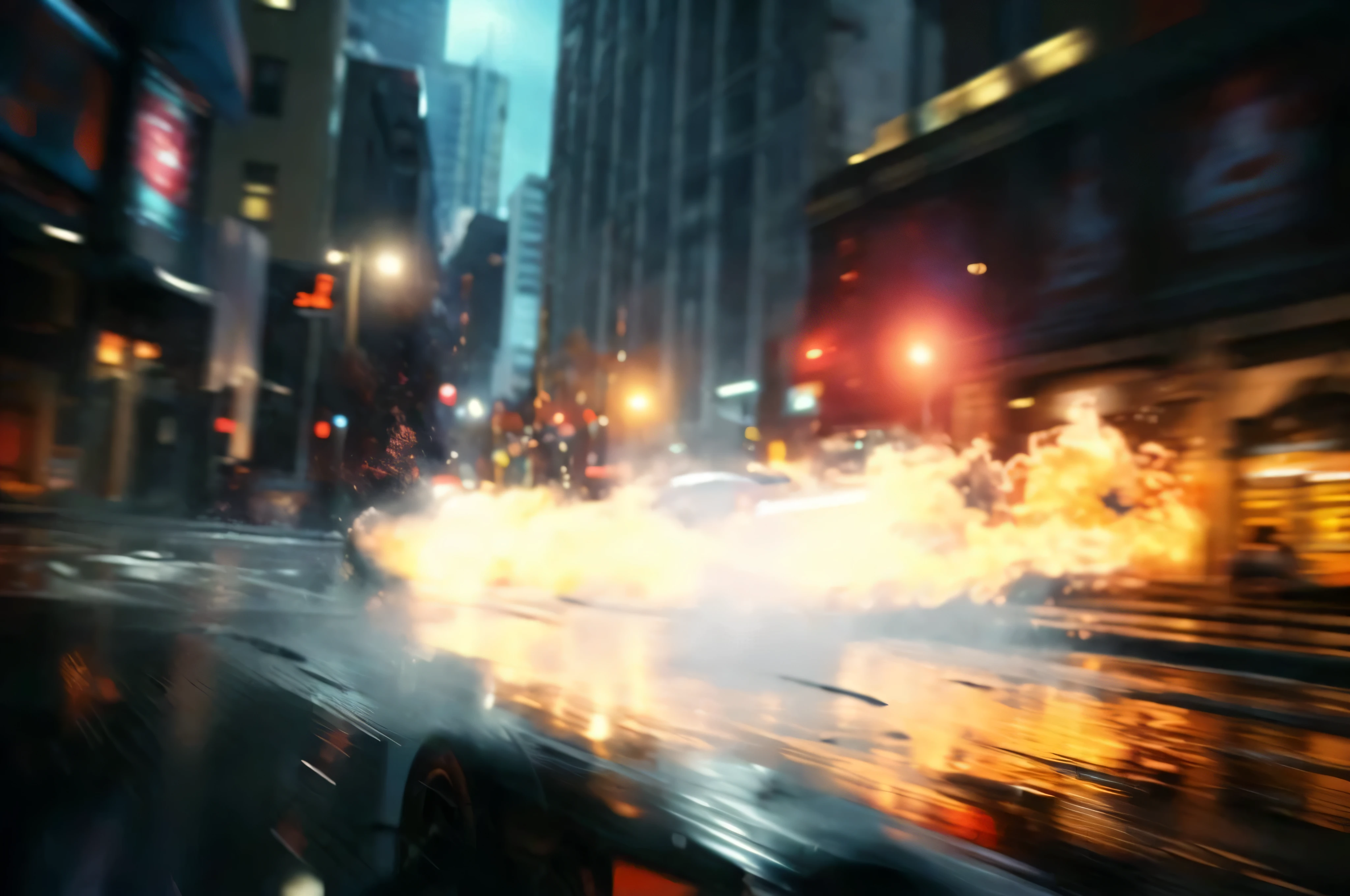 there is a blurry photo of a city street with a car driving down it, epic concept art. bokeh, high definition screenshot, epic. octane render, city street cinematic lighting, cinematic shot ar 9:16 -n 6 -g, cinematic shot!, detailed cinematic shot, cinematic render, bladerunner street, 8k vfx render