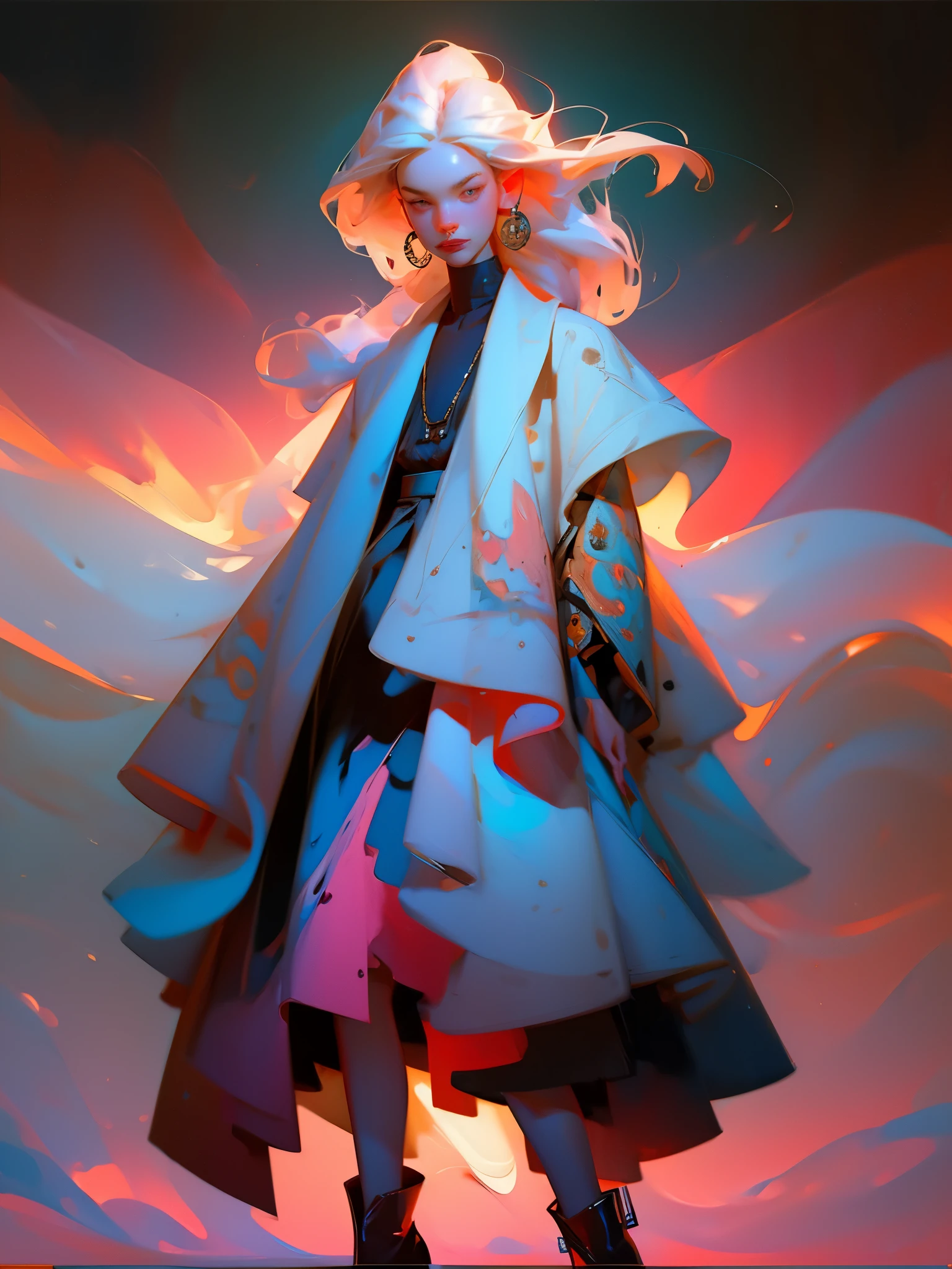 (Man or woman) wearing trendy clothes, in an abstract oil painting style, fashion show, The painting is ultra-high detailed and has a resolution of 8k, showcasing the best quality and craftsmanship. The background is colorful, with a touch of fog and mist, creating a mysterious atmosphere. There is a subtle lens flare effect, adding a dynamic element to the artwork. This painting aims to be reminiscent of luxury brand advertising, showcasing the beauty and elegance of the fashion world.
