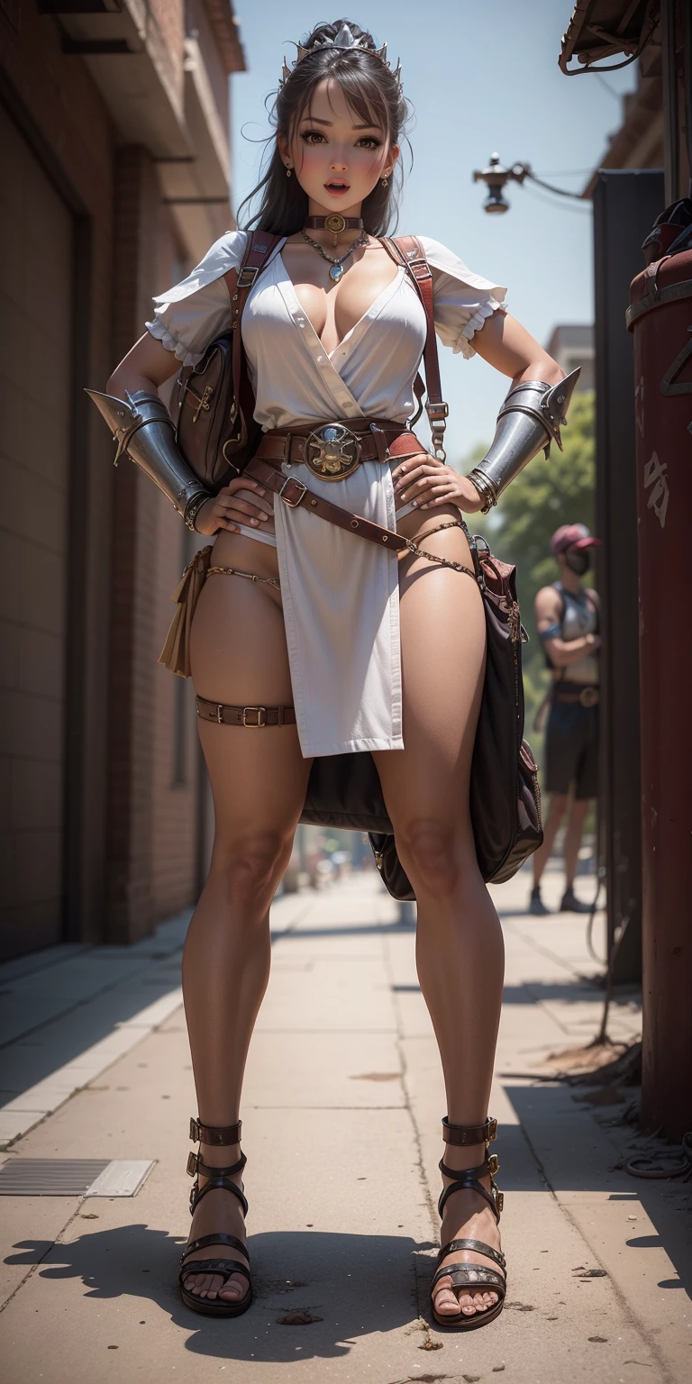 full body, whole body. 1solo (girl). slave fighter, loincloth standing, hands on hips full body, whole body. 1solo (girl). slave fighter, loincloth standing, hands on hips, metal sandals, backpack, choker, big belt, view from below, feet together, bracers, tiara