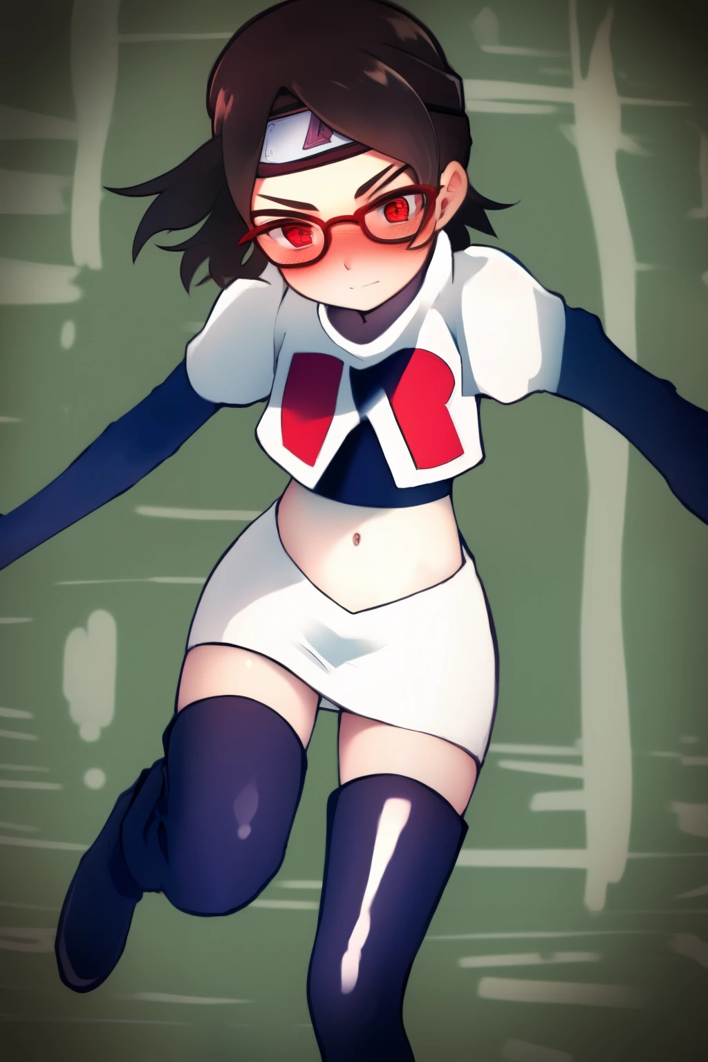 masterpiece, highest quality, best quality, 1girl, solo, looking at viewer, evil,
uchiha sarada, black hair, blush, red framed glasses, short hair, forehead protector, headband, red eyes, team rocket,team rocket uniform,white skirt,crop top,black thigh-highs,black elbow gloves,
