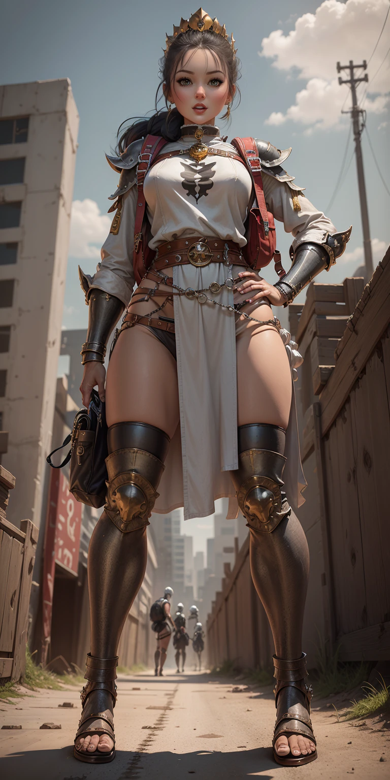 full body, whole body. 1solo (girl). slave fighter, loincloth standing, hands on hips full body, whole body. 1solo (girl). slave fighter, loincloth standing, hands on hips, metal sandals, backpack, choker, big belt, view from below, feet together, bracers, tiara
