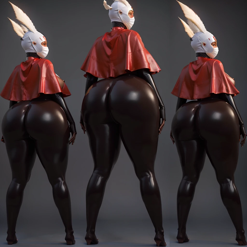 a close up of three naked black skinned african womans with a big ass and a red capes and with a large white masks on his heads, with their backs to the camera showing their naked butts, thicc, females womans is in her natural pose, black latex perfect body sculpt, full body shot hyperdetailed, hyperrealistic full figure, super scale rendered, ly inflated hips,perfect body, highest quality, work of art, perfect body, curvy woman, masterpiece, naked woman, realistic shaded perfect bodys, highly detailed character, full characters bodys, full bodys render, extra detailed body, heavy shading