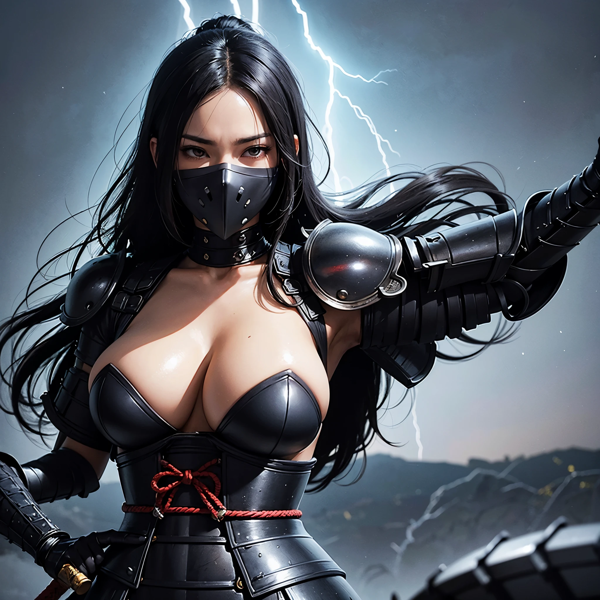 woman,samurai,big breasts,mask covering mouth,sword drawn,chest held,blade pointed upward,detailed armor,flowing black hair,evoking power and grace, thunderstorm,dramatic lighting,