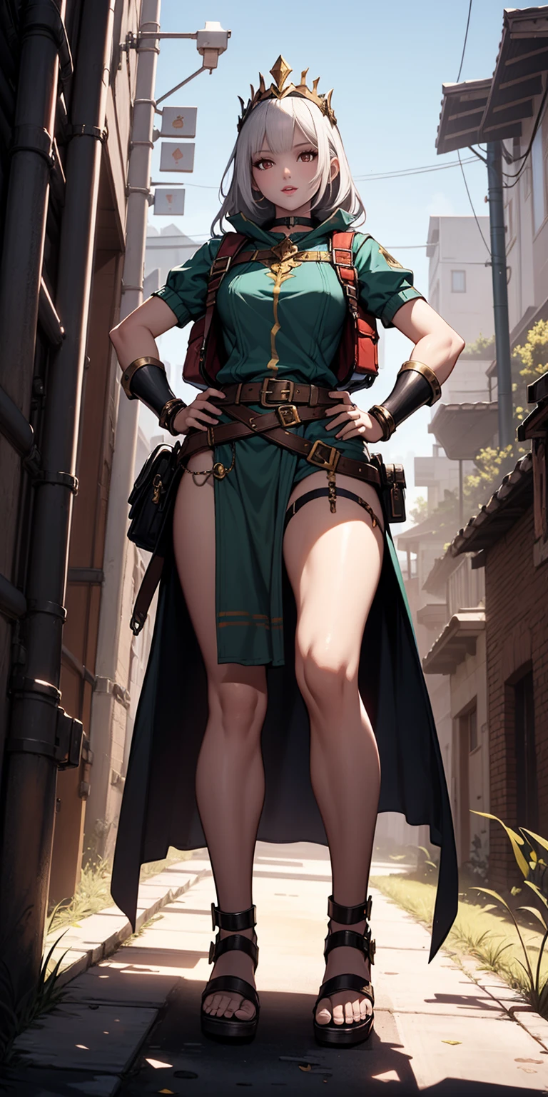 full body, whole body. 1solo (girl). slave fighter, loincloth standing, hands on hips full body, whole body. 1solo (girl). slave fighter, loincloth standing, hands on hips, metal sandals, backpack, choker, big belt, view from below, feet together, bracers, tiara