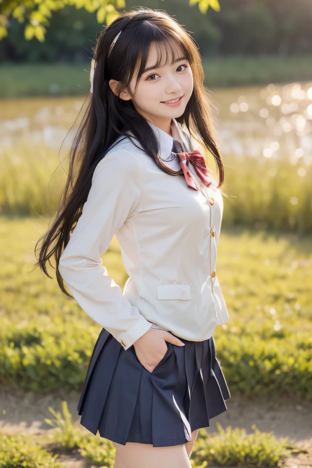 (((masterpiece))), (((cowboy shot)))， (one beautiful girl, innocence，cute) ，ultra high resolution, reality, Super detailed, 8k,highest quality, very detailed, (very beautiful girl, detailed face:1.3), (black hair :1.4), (baby face，cute系,adorable 15 year old), (perfect body:1.1),((neatly dressed，Japanese girls&#39; high school uniform))、rosy cheeks，bun hair，A smile that makes you want to hug me,15 year old girl in classroom, reluctant machine,blackboard, Bookcase,evening sunlight outside the window，Gentle air，Happy moments