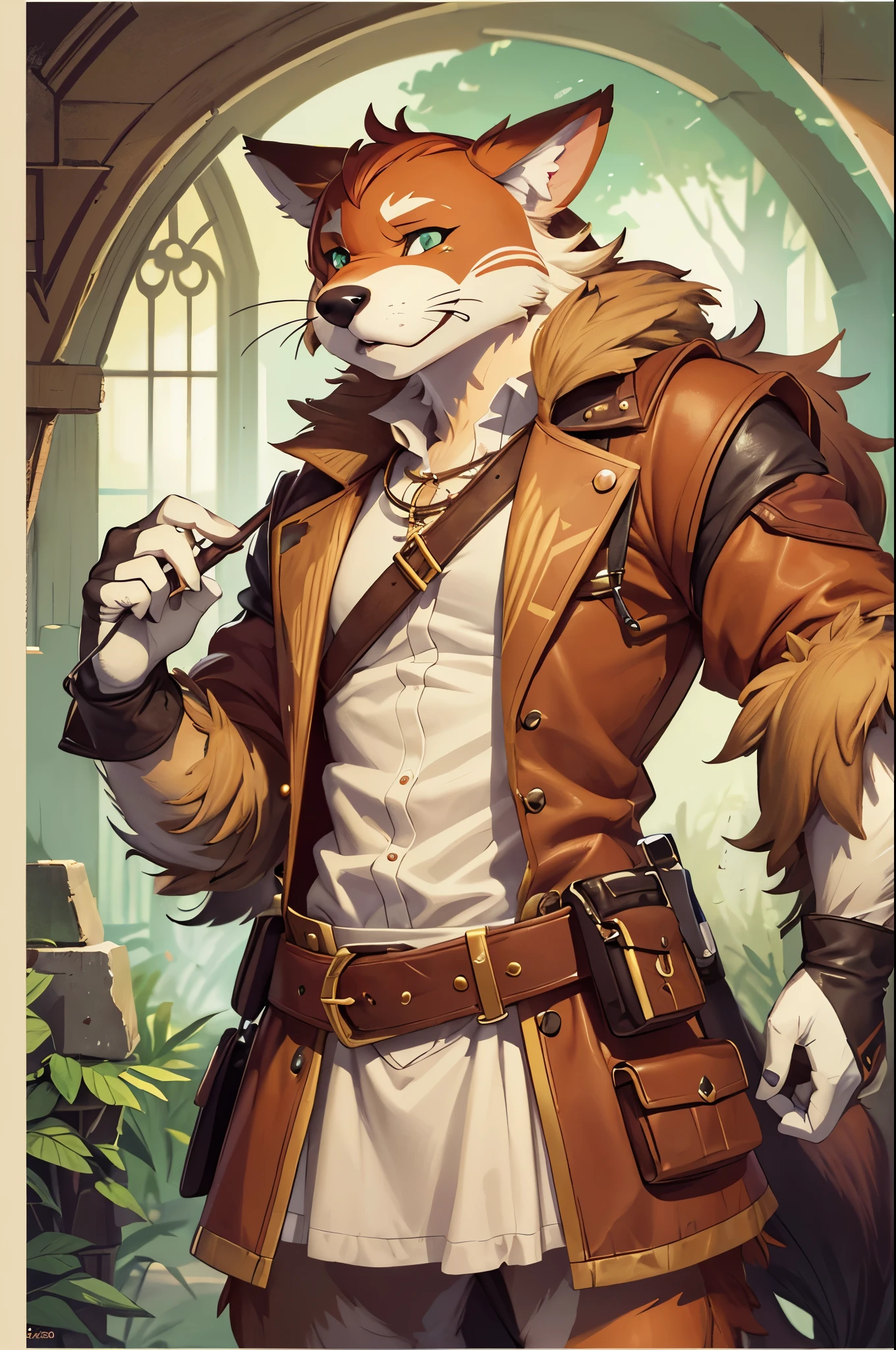 cover page, highres, top quality, best quality, paid reward available, unparalleled masterpiece, perfect artwork, absurdres, High-quality illustrations by Michelangelo, by Johannes Vermeer, masterpiece, super high resolution, detailed background, Old Ruins, Dungeons, Indiana Jones series(highly detailed beautiful face and eyes)absurdres, perfect anatomy(handsome 1boy, kemono, solo focus, Adventurer, Archaeologist)(furry)(furry anthro:1.7)(Furry body, fox facial features, fox body features)(very detailed body fur)full body, Dirty Coat and Hat,