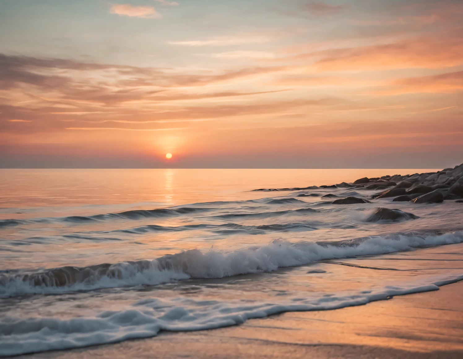 professional art photography with sunset on the ocean, Soft Color Tones, landscape photography art, Canon RF 100-500mm F4.5-7.1L IS USM, soft muted tones, texture smoothing, raw photography