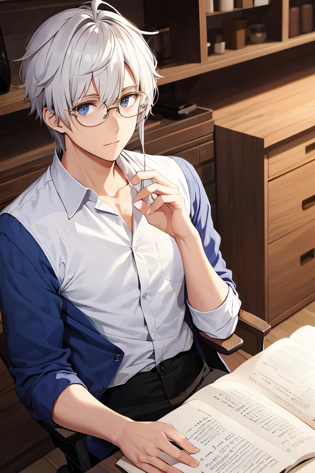 Wearing glasses, white hair, center part hair, male