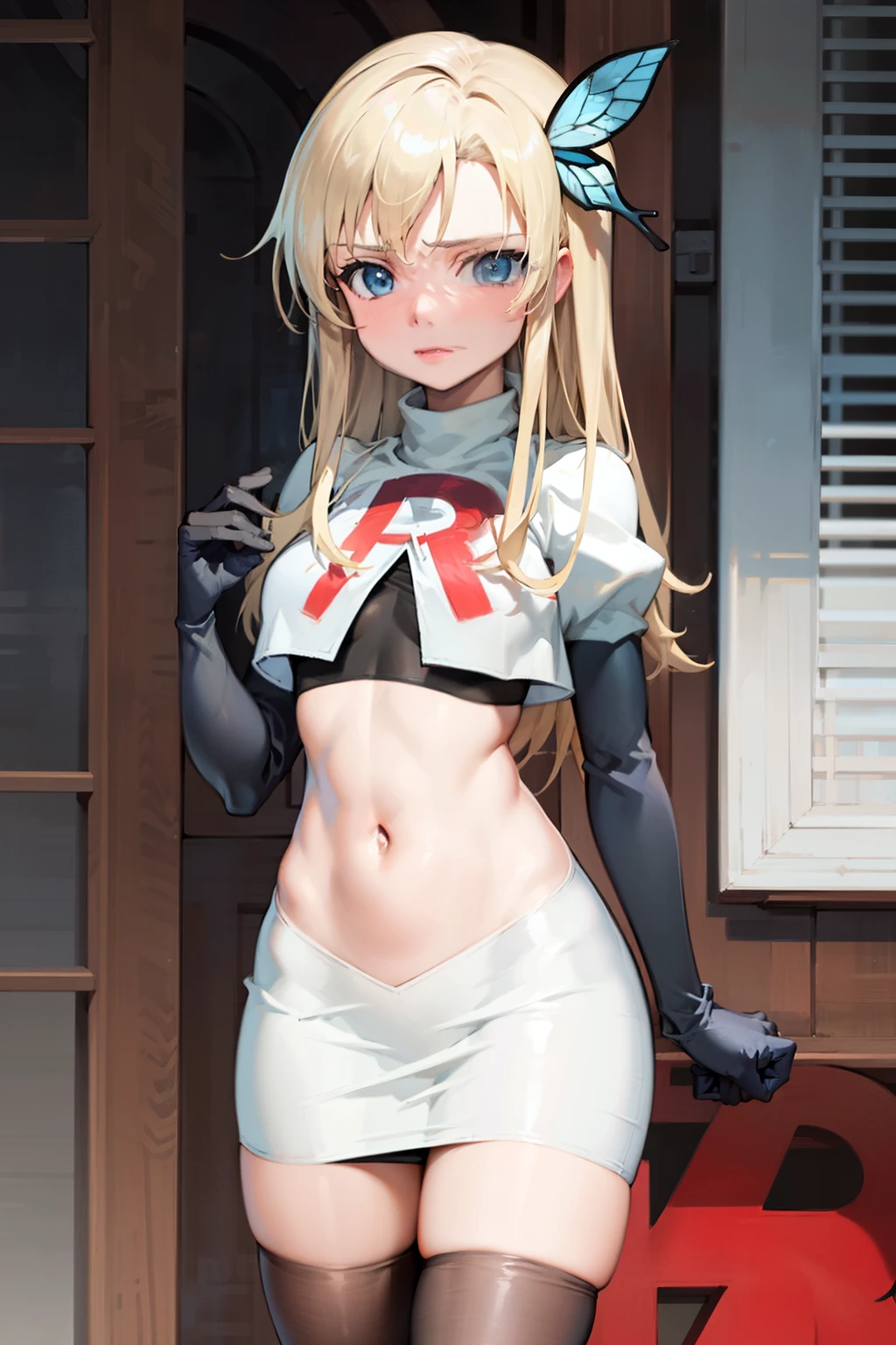 (best quality:1.1), (masterpiece:1.4), (absurdres:1.0), 
1girl, kashiwazaki sena, butterfly_hair_ornament, blond hair, solo focus, team rocket,team rocket uniform,white skirt,crop top,black thigh-highs,black elbow gloves,
