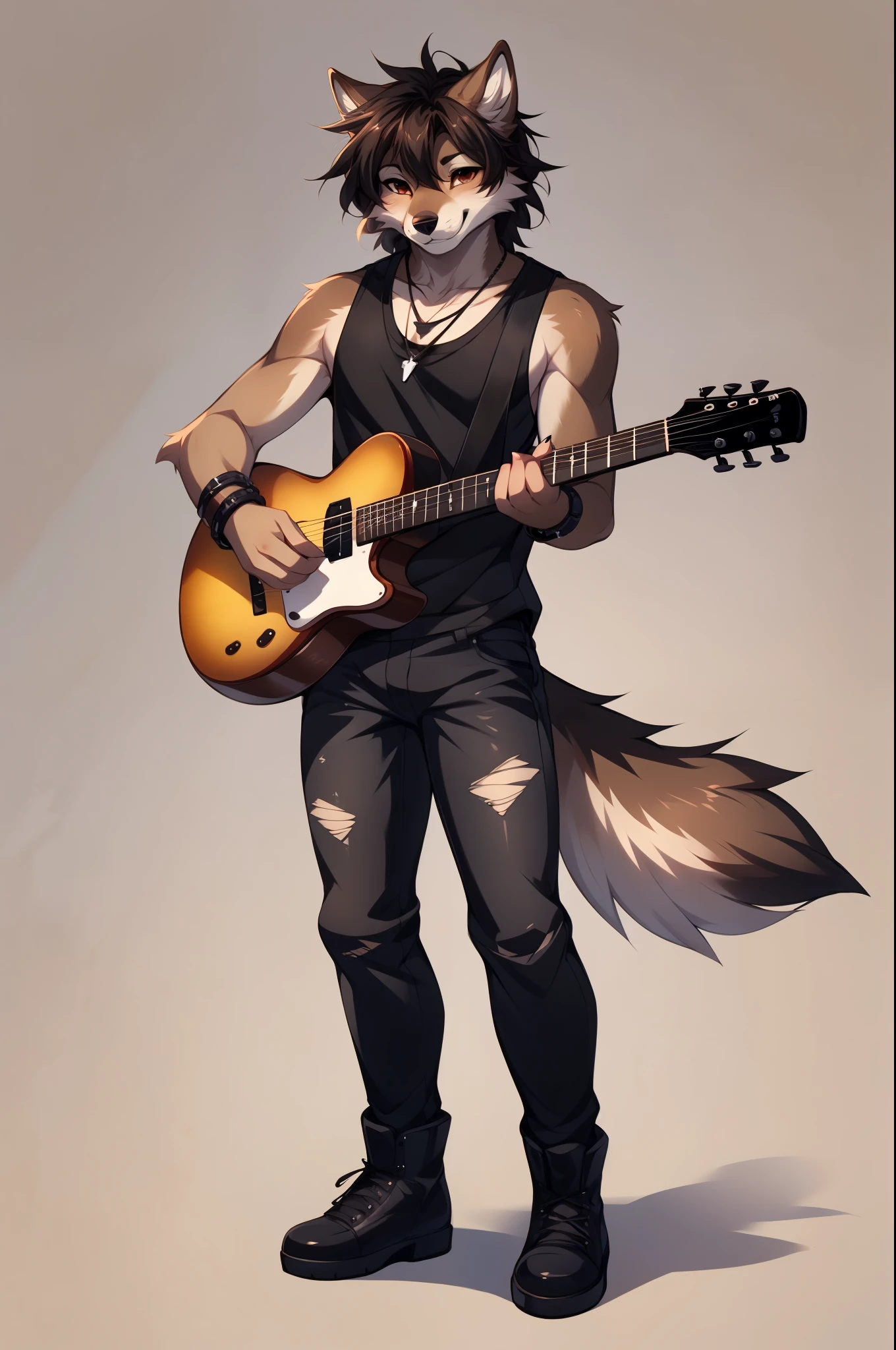 Jaiden, brown male wolf, brown eyes, brown ears, brown wolf tail, cute snout, wearing black tank top, many leather bracelets, necklace, black ripped pants, black boots, grinning, mouth open, playing the guitar, holding a black epiphone g400 guitar, no background, blank background,  he is dancing, by fumiko, by hyattlen, by hioshiru,