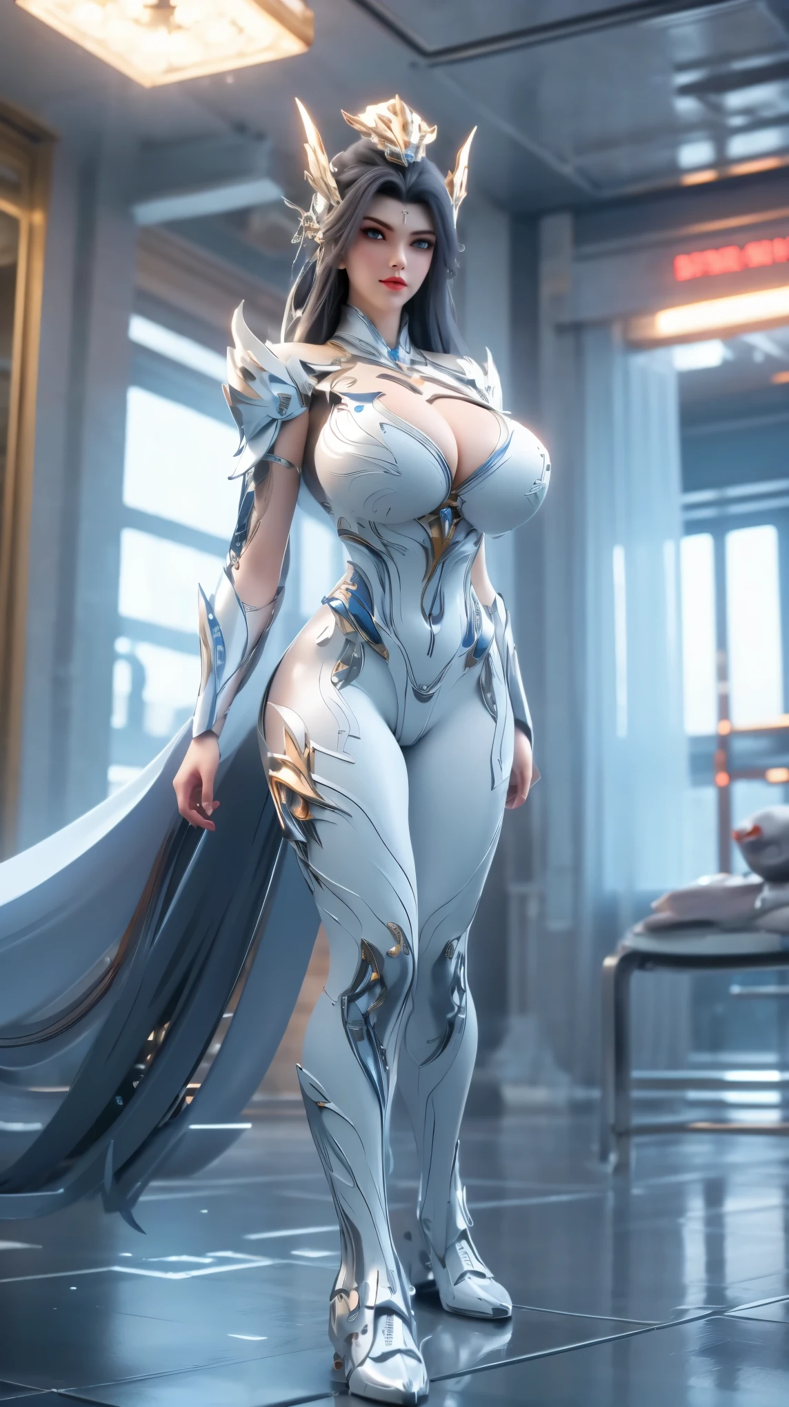 A BEAUTY GIRL, (HYPER-REALISTIC:1.5), (PHOENIX GOLD HELM:1.1), (BIGGER BUTTOCKS,HUGE FAKE BREAST:1.5), ((CLEAVAGE:1.5)), (BARE MUSCLE ABS:1.5), (MECHA GUARD ARMS:1.5), (BLUE SHINY FUTURISTIC MECHA BODY, BLACK MECHA SKINTIGHT LEGGINGS, WHITE MECHA GUARD ARMOR LEGS:1.5), (MUSCULAR BODY, WET OIL SKIN, LONG LEGS:1.1), (LOOKING AT VIEWER:1.3), (FEMALE FOCUS:1), (WALKING ALONE IN ROOM OF FUTURISTIC SPACE STATION:1), (BRIGHT LIGHT WHITE_ROOM:1.3), HYPER TEXTURE, (4X MSAA), ((UNREAL ENGINE 5 RENDER)), PHYSICALLY-BASED RENDERING, ULTRA HIGHT DEFINITION, 16K, 1080P.