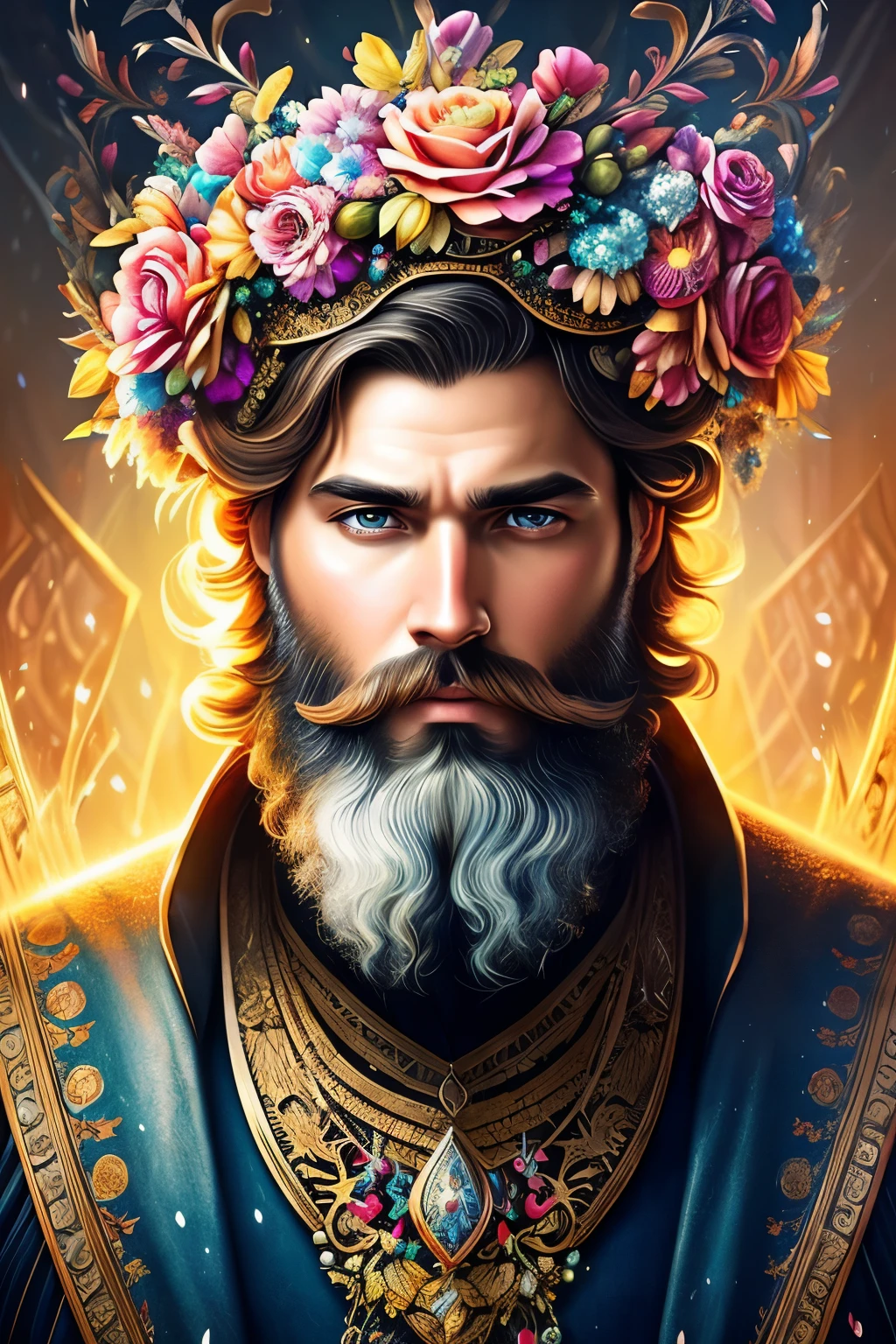 Digital painting of a bearded man with a floral headdress, Alberto Savio Art Style, speckled and frozen multicolored droplets, dreamlike, Surrealistic Digital Painting, sunlit highlights, 3D effects, Ultra High Definition, Masterpiece of Art, cinematic lighting, 16k High Definition Digital Art, Intricately Detailed Digital Art, 4K Highly Detailed Digital Art, Grand Digital Art with Exquisite Details, Stunning Detail Digital Illustration, Extremely Detailed Digital Art, Highly Detailed Digital Art, Breathtaking Digital Illustration, Hyperdetailed Fantasy Character Digital Art, Hyperdetailed
