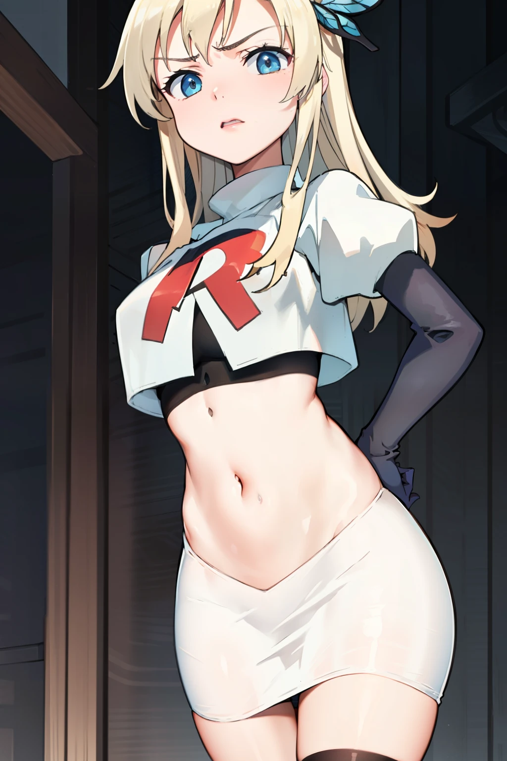 (best quality:1.1), (masterpiece:1.4), (absurdres:1.0),
1girl, kashiwazaki sena, butterfly_hair_ornament, blond hair, solo focus, team rocket,team rocket uniform,white skirt,crop top,black thigh-highs,black elbow gloves,