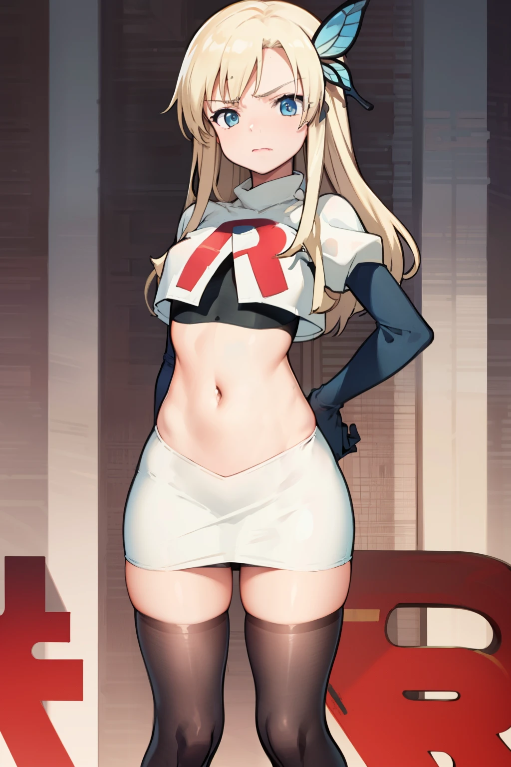 (best quality:1.1), (masterpiece:1.4), (absurdres:1.0), 
1girl, kashiwazaki sena, butterfly_hair_ornament, blond hair, solo focus, team rocket,team rocket uniform,white skirt,crop top,black thigh-highs,black elbow gloves,
