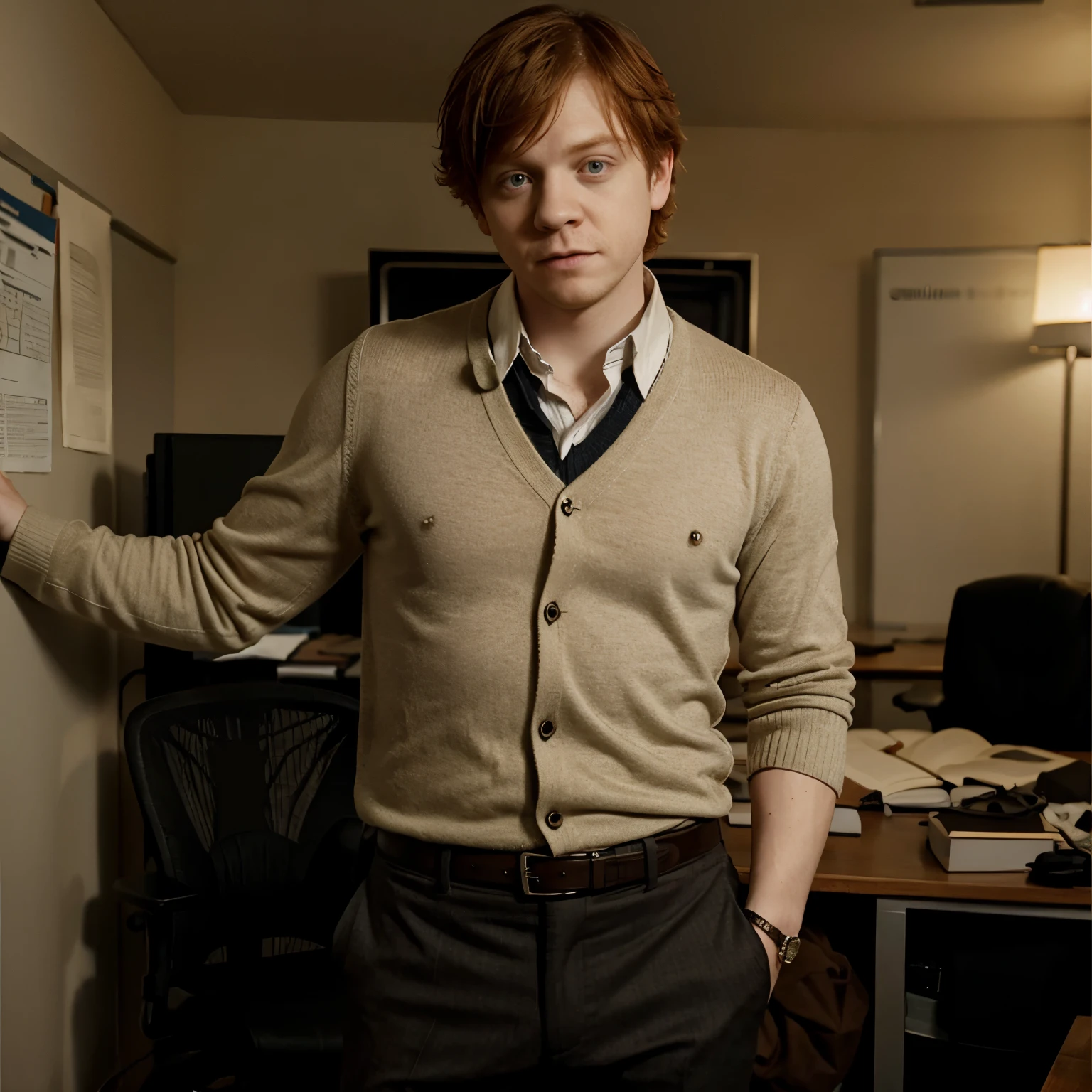 Rupert grint in sweater on shirt open button down cutaway formal office outfit