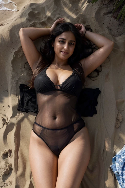 Anushka Shetty, curvy, British, 20s, transparent shirt and black panties, cleavage 5%, wide hip, at beach, happy, laying at beach on her back, front view, happy, smile