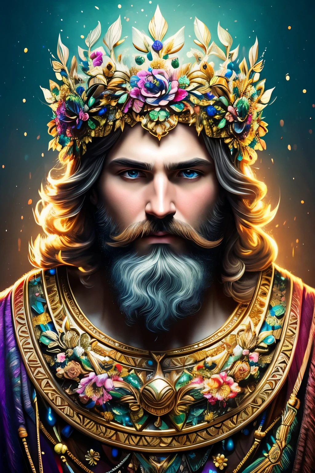 Digital painting of a bearded man with a floral headdress, Alberto Savio Art Style, speckled and frozen multicolored droplets, dreamlike, Surrealistic Digital Painting, sunlit highlights, 3D effects, Ultra High Definition, Masterpiece of Art, cinematic lighting, 16k High Definition Digital Art, Intricately Detailed Digital Art, 4K Highly Detailed Digital Art, Grand Digital Art with Exquisite Details, Stunning Detail Digital Illustration, Extremely Detailed Digital Art, Highly Detailed Digital Art, Breathtaking Digital Illustration, Hyperdetailed Fantasy Character Digital Art, Hyperdetailed