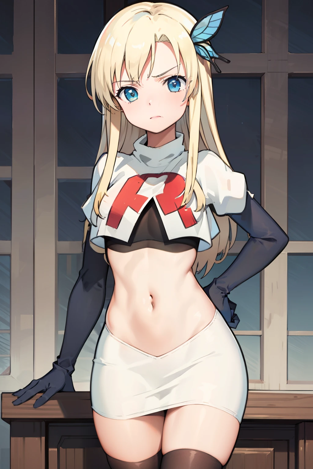 (best quality:1.1), (masterpiece:1.4), (absurdres:1.0), 
1girl, kashiwazaki sena, butterfly_hair_ornament, blond hair, solo focus, team rocket,team rocket uniform,white skirt,crop top,black thigh-highs,black elbow gloves,
