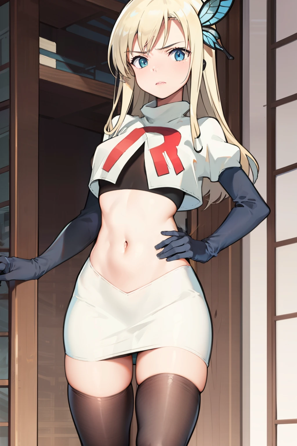 (best quality:1.1), (masterpiece:1.4), (absurdres:1.0), 
1girl, kashiwazaki sena, butterfly_hair_ornament, blond hair, solo focus, team rocket,team rocket uniform,white skirt,crop top,black thigh-highs,black elbow gloves,
