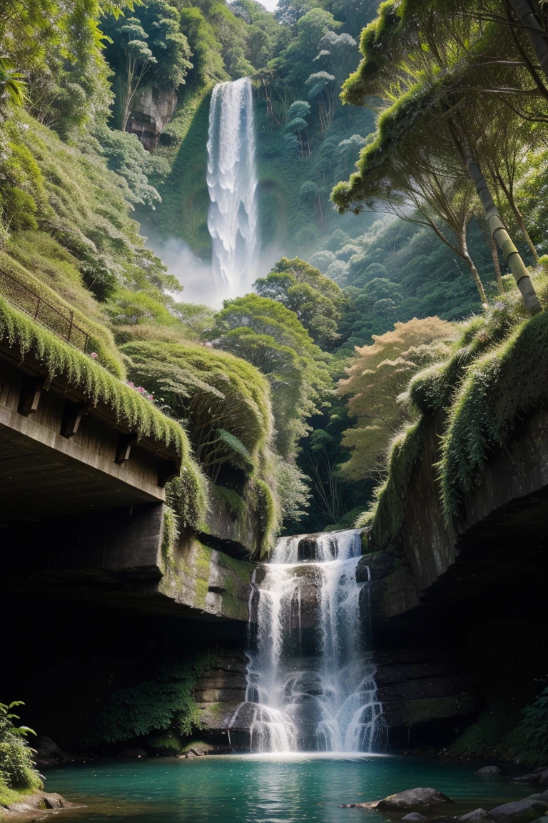 Masterpiece, best quality, 8K, high res, ultra-detailed, A scene of a waterfall cascading down a high cliff amongst lush greenery, adorned by vibrant flowers, towering pines, and delicate bamboo groves,no humans, sakura, beautiful view, ultra-detailed, fine detailed, highly detailed, intricate, highly detailed, ultra-detailed, scenery,no humans, lush green mountains, winding rivers, misty atmosphere, solitary, intricate details, delicate features, verdant trees, blooming flowers, druid's circle, soft moss, deep forest, intricate leaves and vines, wisps of light, still pool of water, pristine, verdant green, A picturesque scene of a waterfall cascading down a high cliff amongst lush greenery, adorned by vibrant flowers, towering pines, and delicate bamboo groves. Indonesian woman 25 year old with hijab sitting next to river