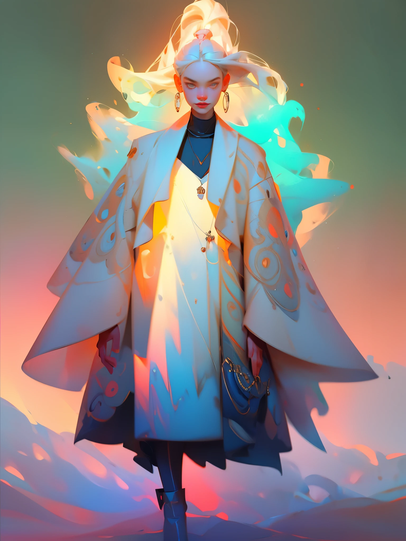 (Man or woman) wearing trendy clothes, in an abstract oil painting style, fashion show, The painting is ultra-high detailed and has a resolution of 8k, showcasing the best quality and craftsmanship. The background is colorful, with a touch of fog and mist, creating a mysterious atmosphere. There is a subtle lens flare effect, adding a dynamic element to the artwork. This painting aims to be reminiscent of luxury brand advertising, showcasing the beauty and elegance of the fashion world.
