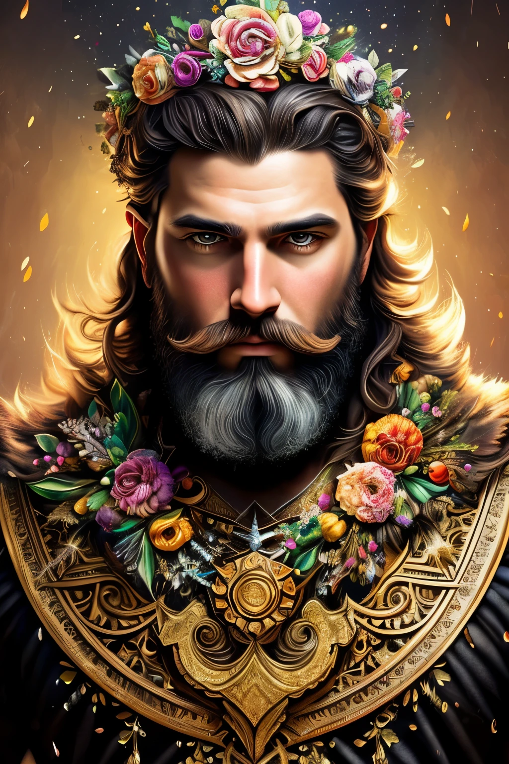 Digital painting of a bearded man with a floral headdress, Alberto Savio Art Style, speckled and frozen multicolored droplets, dreamlike, Surrealistic Digital Painting, sunlit highlights, 3D effects, Ultra High Definition, Masterpiece of Art, cinematic lighting, 16k High Definition Digital Art, Intricately Detailed Digital Art, 4K Highly Detailed Digital Art, Grand Digital Art with Exquisite Details, Stunning Detail Digital Illustration, Extremely Detailed Digital Art, Highly Detailed Digital Art, Breathtaking Digital Illustration, Hyperdetailed Fantasy Character Digital Art, Hyperdetailed