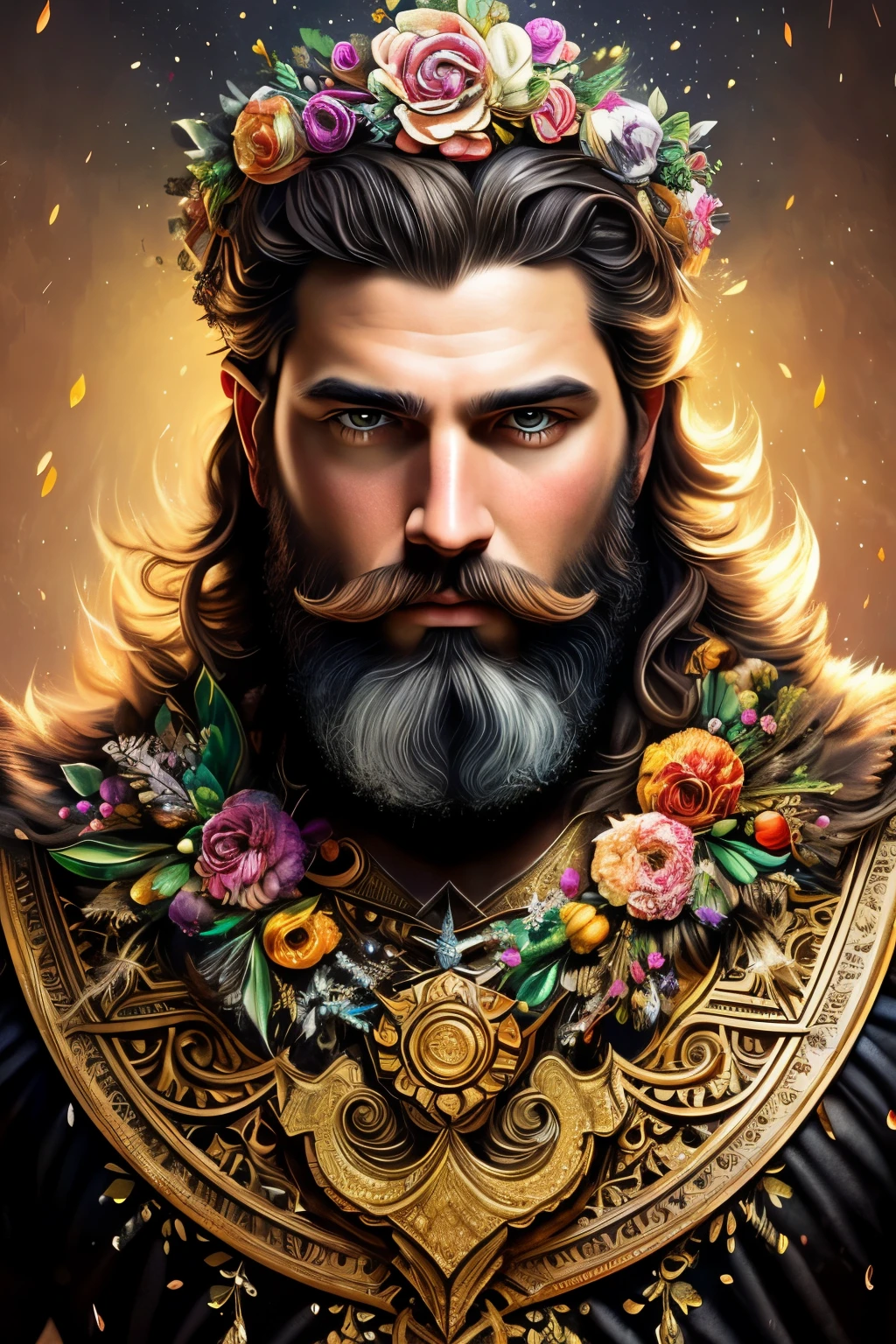 Digital painting of a bearded man with a floral headdress, Alberto Savio Art Style, speckled and frozen multicolored droplets, dreamlike, Surrealistic Digital Painting, sunlit highlights, 3D effects, Ultra High Definition, Masterpiece of Art, cinematic lighting, 16k High Definition Digital Art, Intricately Detailed Digital Art, 4K Highly Detailed Digital Art, Grand Digital Art with Exquisite Details, Stunning Detail Digital Illustration, Extremely Detailed Digital Art, Highly Detailed Digital Art, Breathtaking Digital Illustration, Hyperdetailed Fantasy Character Digital Art, Hyperdetailed