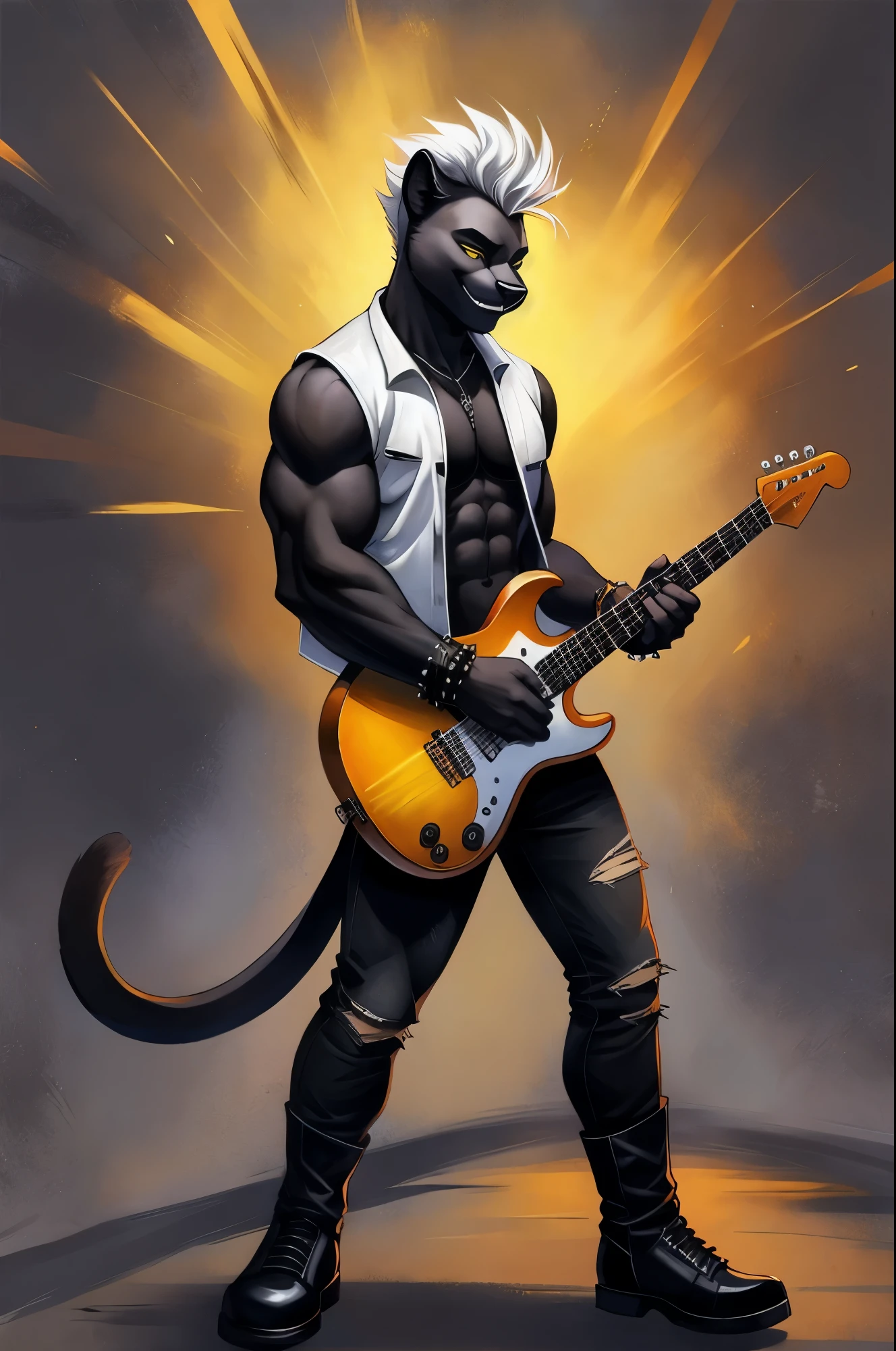 Black panther male, yellow eyes, panther ears, black furry body, muscular, masculine, white hair, faux hawk hair, white leather vest, shirtless, spiked bracelets, blue ripped jeans, black boots, grinning, playing the guitar, holding a black epiphone g400 guitar, no background, blank background,