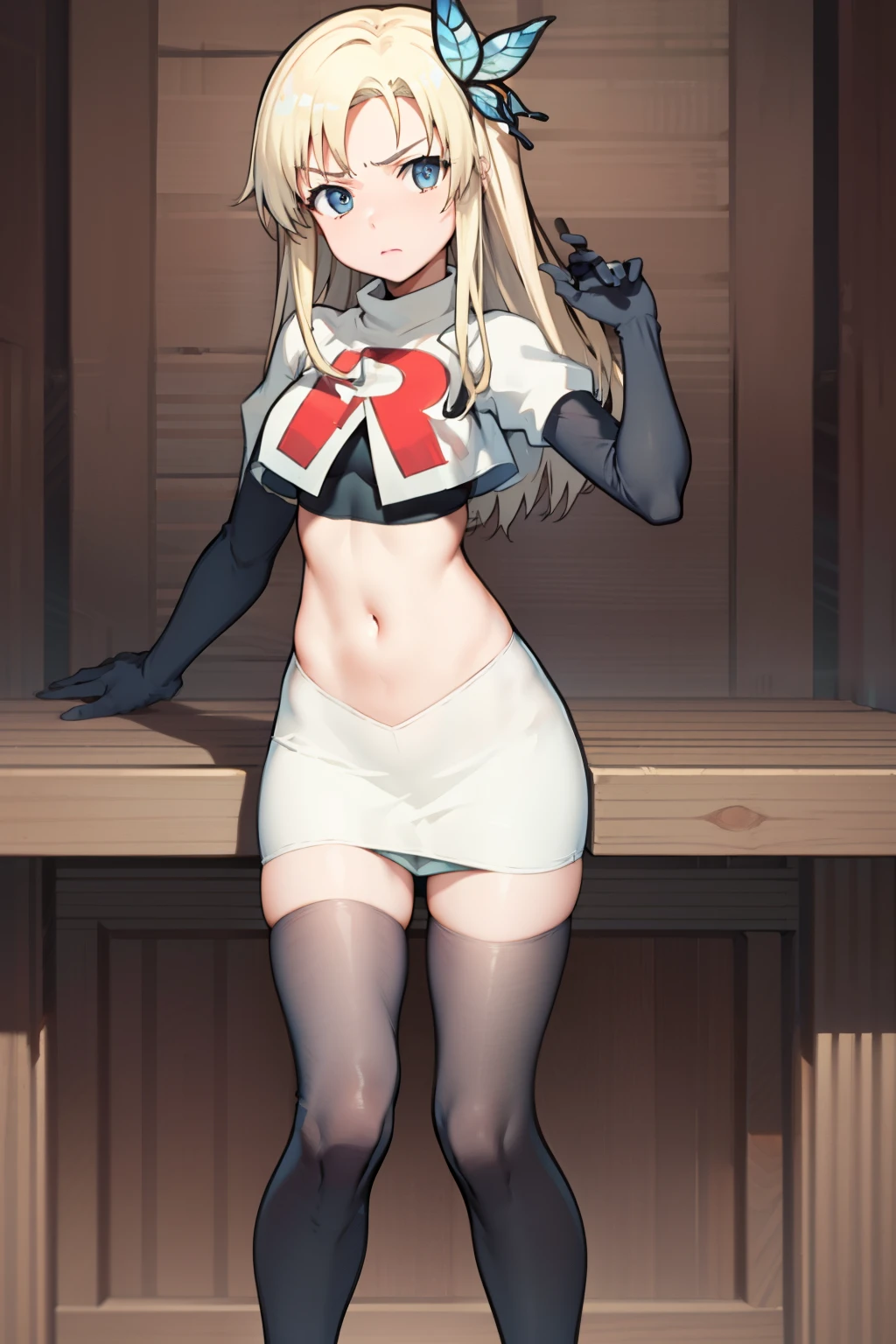 (best quality:1.1), (masterpiece:1.4), (absurdres:1.0), 
1girl, kashiwazaki sena, butterfly_hair_ornament, blond hair, solo focus, team rocket,team rocket uniform,white skirt,crop top,black thigh-highs,black elbow gloves,
