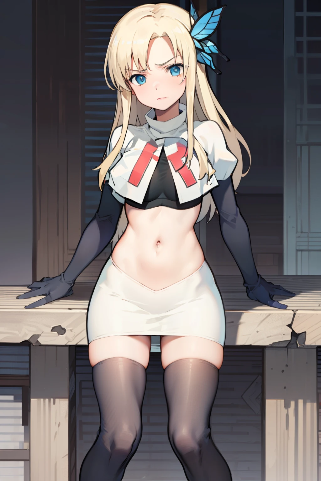 (best quality:1.1), (masterpiece:1.4), (absurdres:1.0),
1girl, kashiwazaki sena, butterfly_hair_ornament, blond hair, solo focus, team rocket,team rocket uniform,white skirt,crop top,black thigh-highs,black elbow gloves,
