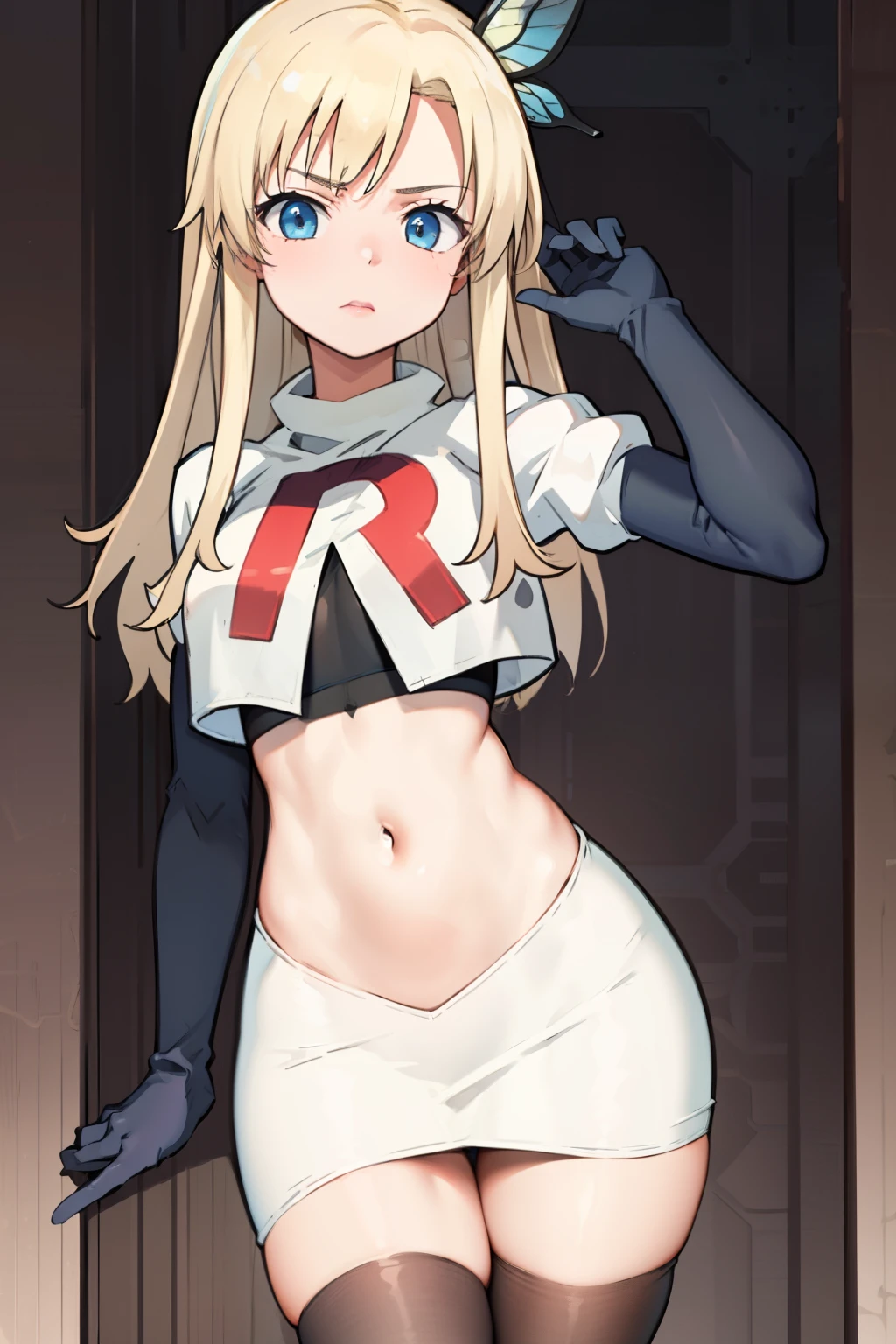 (best quality:1.1), (masterpiece:1.4), (absurdres:1.0), 
1girl, kashiwazaki sena, butterfly_hair_ornament, blond hair, solo focus, team rocket,team rocket uniform,white skirt,crop top,black thigh-highs,black elbow gloves,
