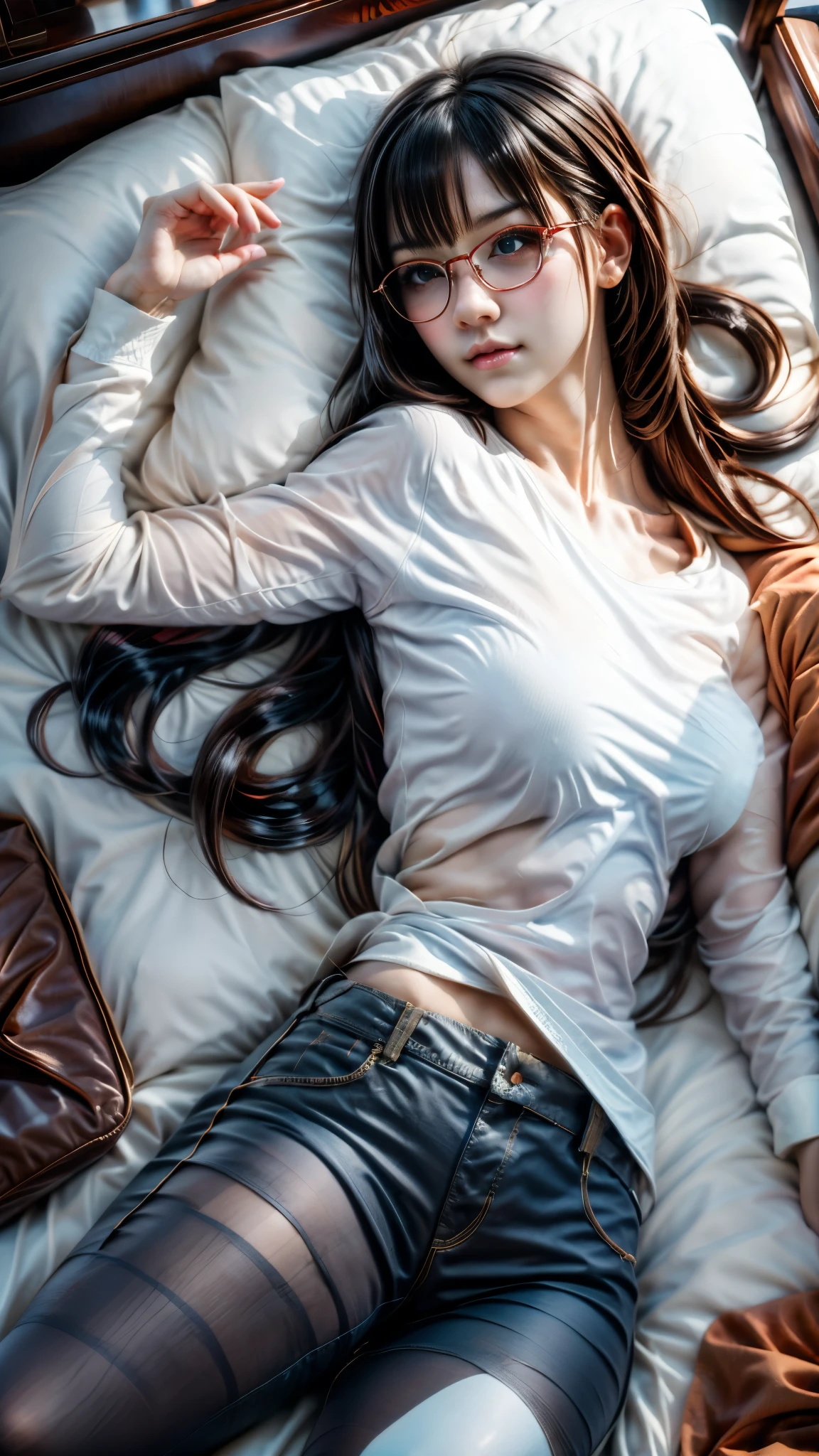 girl laying sleep on bed , relaxed pose, seductive anime girl, laying on a bed, lying at the bed, anime girl with long hair, artwork in the style of guweiz, attractive anime girl, beautiful anime girl, laying back on the bed, smooth anime cg art, (anime girl), anime moe artstyle