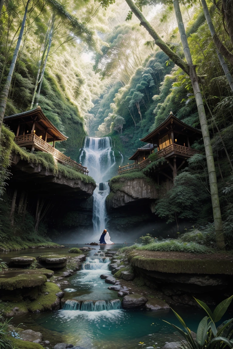 Masterpiece, best quality, 8K, high res, ultra-detailed, A scene of a waterfall cascading down a high cliff amongst lush greenery, adorned by vibrant flowers, towering pines, and delicate bamboo groves,no humans, sakura, beautiful view, ultra-detailed, fine detailed, highly detailed, intricate, highly detailed, ultra-detailed, scenery,no humans, lush green mountains, winding rivers, misty atmosphere, solitary, intricate details, delicate features, verdant trees, blooming flowers, druid's circle, soft moss, deep forest, intricate leaves and vines, wisps of light, still pool of water, pristine, verdant green, A picturesque scene of a waterfall cascading down a high cliff amongst lush greenery, adorned by vibrant flowers, towering pines, and delicate bamboo groves. Indonesian woman 25 year old with hijab sitting next to river, perfect detail face