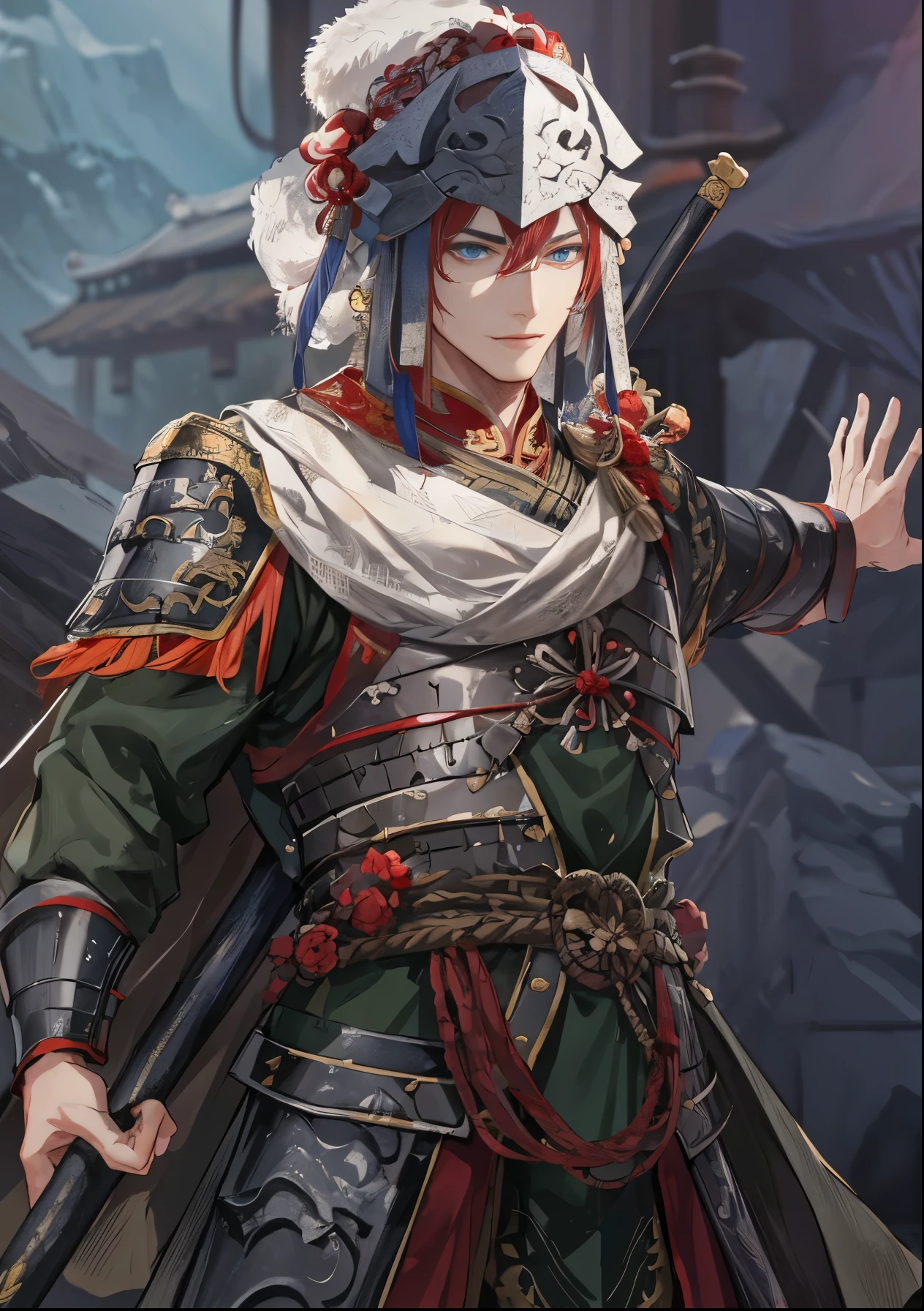 white and red helmet, armored warrior, 4k comic wallpaper,armored warrior,，blue eyes，中国general，Red hair，，general，three kingdom，Red eyebrows，Red eyelashes，Unparalleled in the Three Kingdoms，blue eyes，handsome guy，three kingdom，Holding a Chinese spear，arms，Inspired by Zhao Yun，Junior General