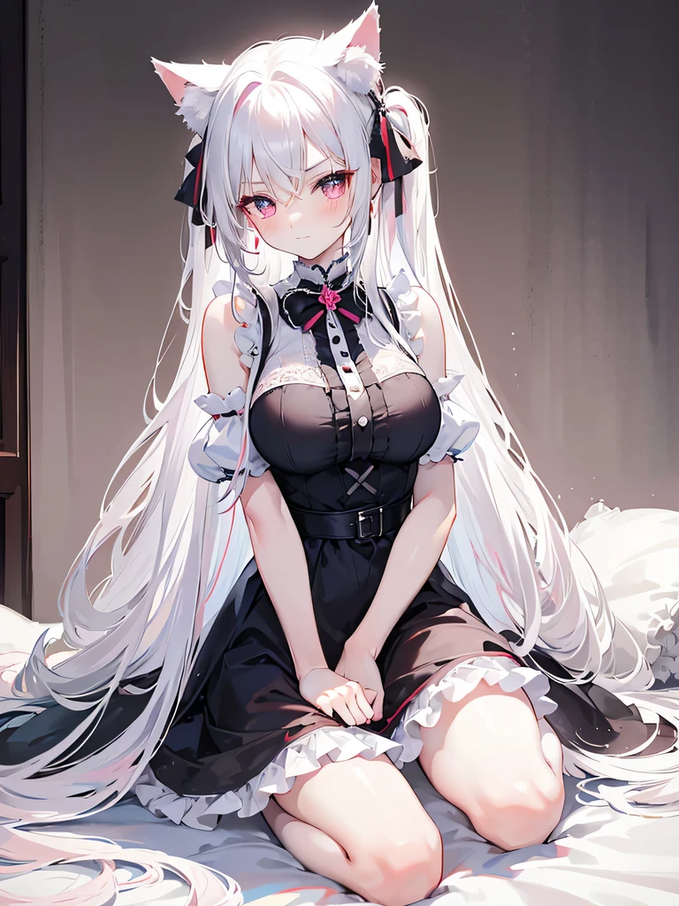 masterpiece, {{{{Highest quality}}}}, beautiful,1 girl, White_hair, red_eyes, eyes like rubies, Jewel eyes, cat ears(White), cat tail(White), frilled choker、miniskirt_dress, bare_shoulders, garter belt,garter straps
