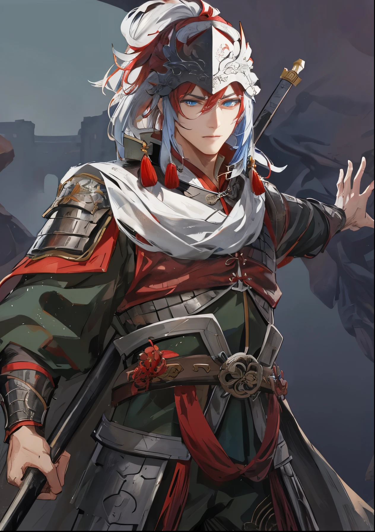 white and red helmet, armored warrior, 4k comic wallpaper,armored warrior,,blue eyes,中国general,Red hair,,general,three kingdom,Red eyebrows,Red eyelashes,Unparalleled in the Three Kingdoms,blue eyes,handsome guy,three kingdom,Holding a Chinese spear,arms,Inspired by Zhao Yun,Junior General