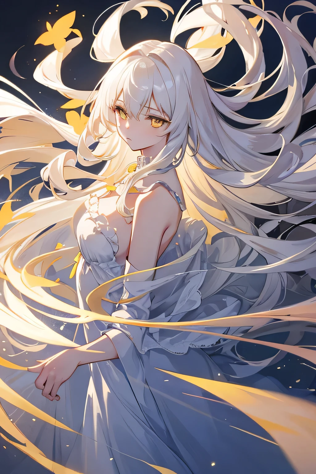 an extremely delicate and beautiful CG illustration, best quality, high resolution, dynamic angle, full-length shot, (1girl), yellow eyes and straight long white hair, floating, soft light, high-key lighting)