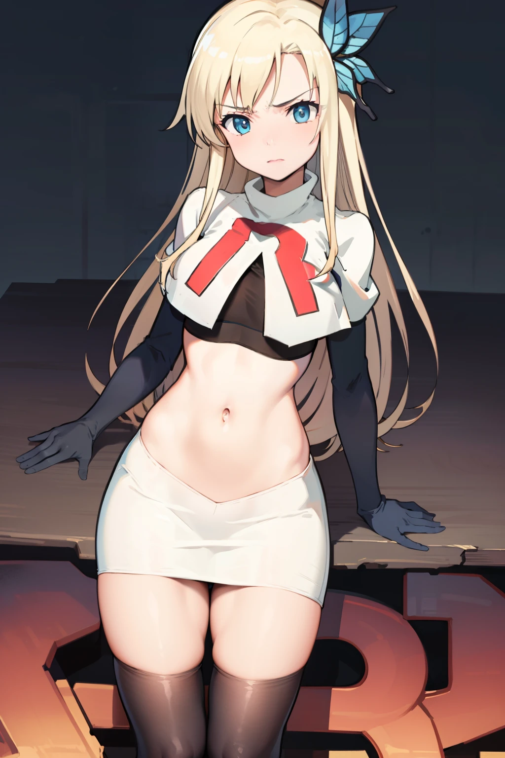 (best quality:1.1), (masterpiece:1.4), (absurdres:1.0), 
1girl, kashiwazaki sena, butterfly_hair_ornament, blond hair, solo focus, team rocket,team rocket uniform,white skirt,crop top,black thigh-highs,black elbow gloves,

